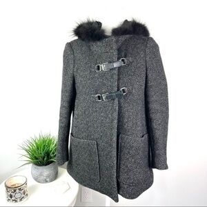 MAJE Jacket womens Wool Tweed Pattern Hooded Fur size medium